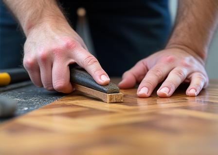 Artisan posant un parquet en chêne dans un appartement en rénovation.
