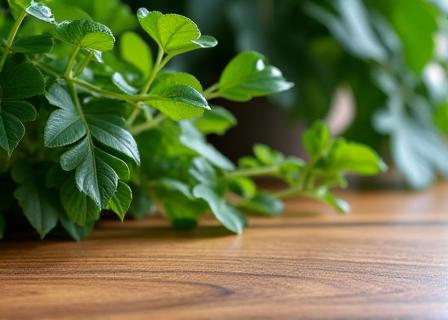 Détail d'un plan de travail en bois recyclé et plantes d'intérieur.